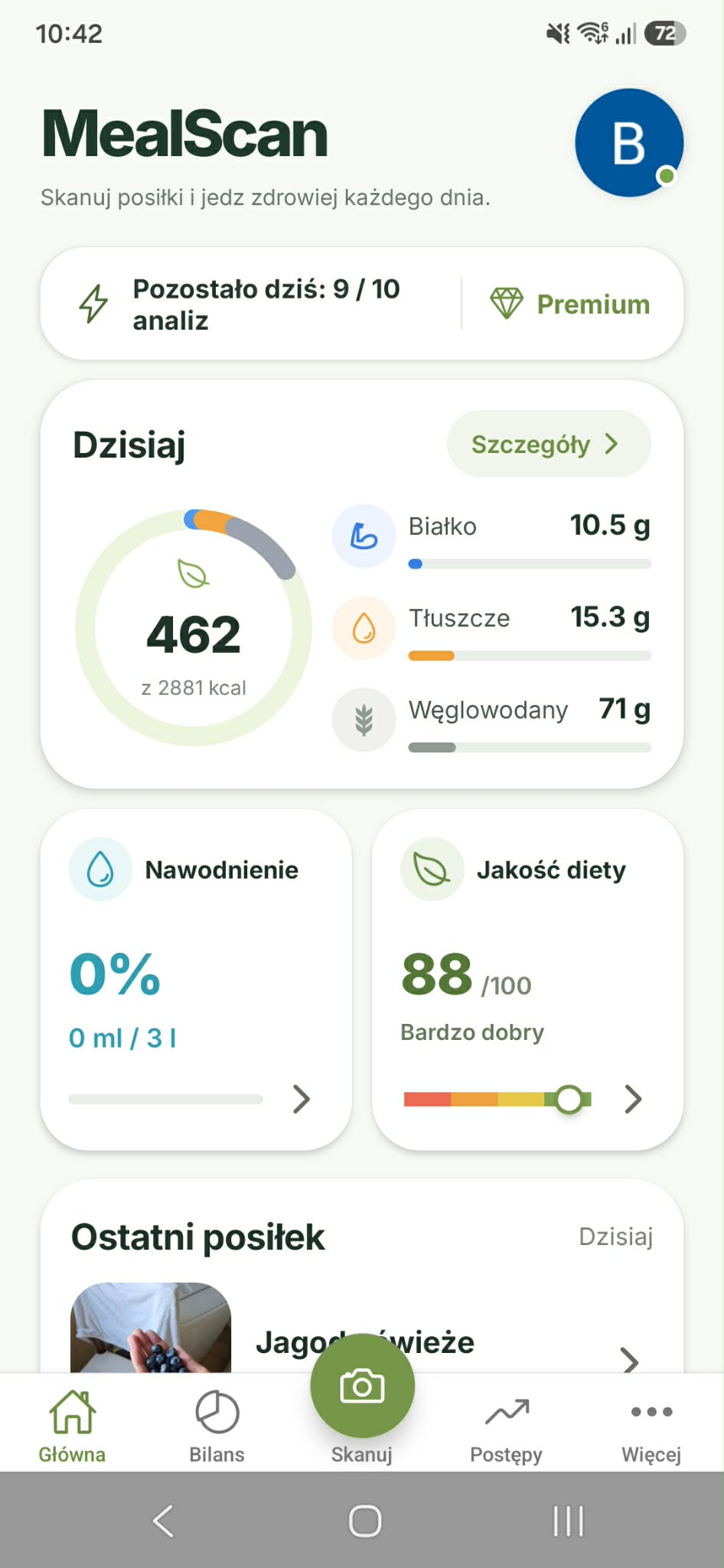 Ekran główny aplikacji MealScan z bilansem dnia, nawodnieniem i jakością diety